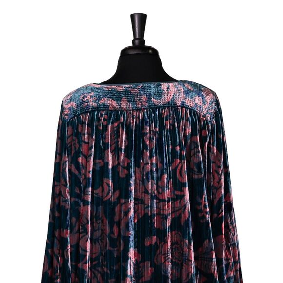 Anthropologie Women's Blouse Teal Peach Floral Velvet Oversized Tie Front Top L - Picture 7 of 10
